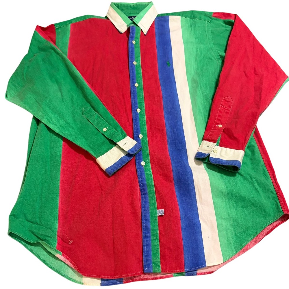 Ralph Lauren Button Down Colorblock Striped Shirt Mens L Green Red Blue Vintage